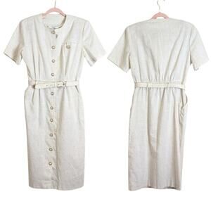 Vintage 90's Pearl Button Down Shirt Dress Pockets Belt Women's Size 10*